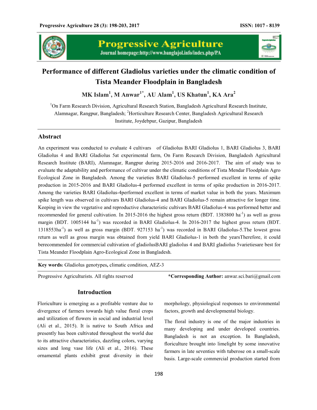 Performance of Different Gladiolus Varieties Under the Climatic Condition of Tista Meander Floodplain in Bangladesh