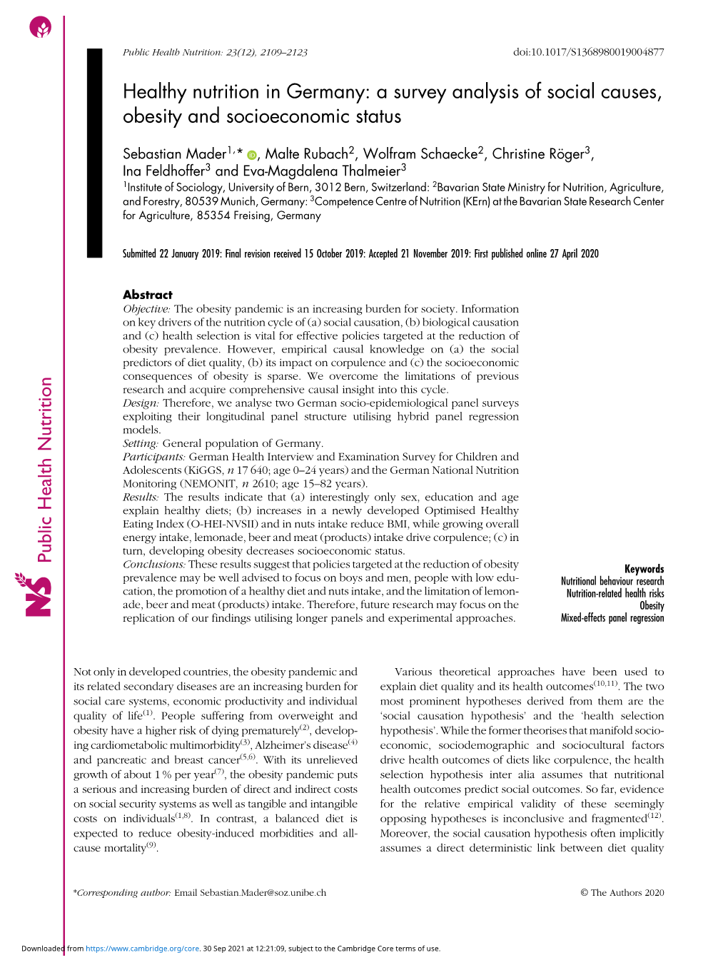 Healthy Nutrition in Germany: a Survey Analysis of Social Causes, Obesity and Socioeconomic Status