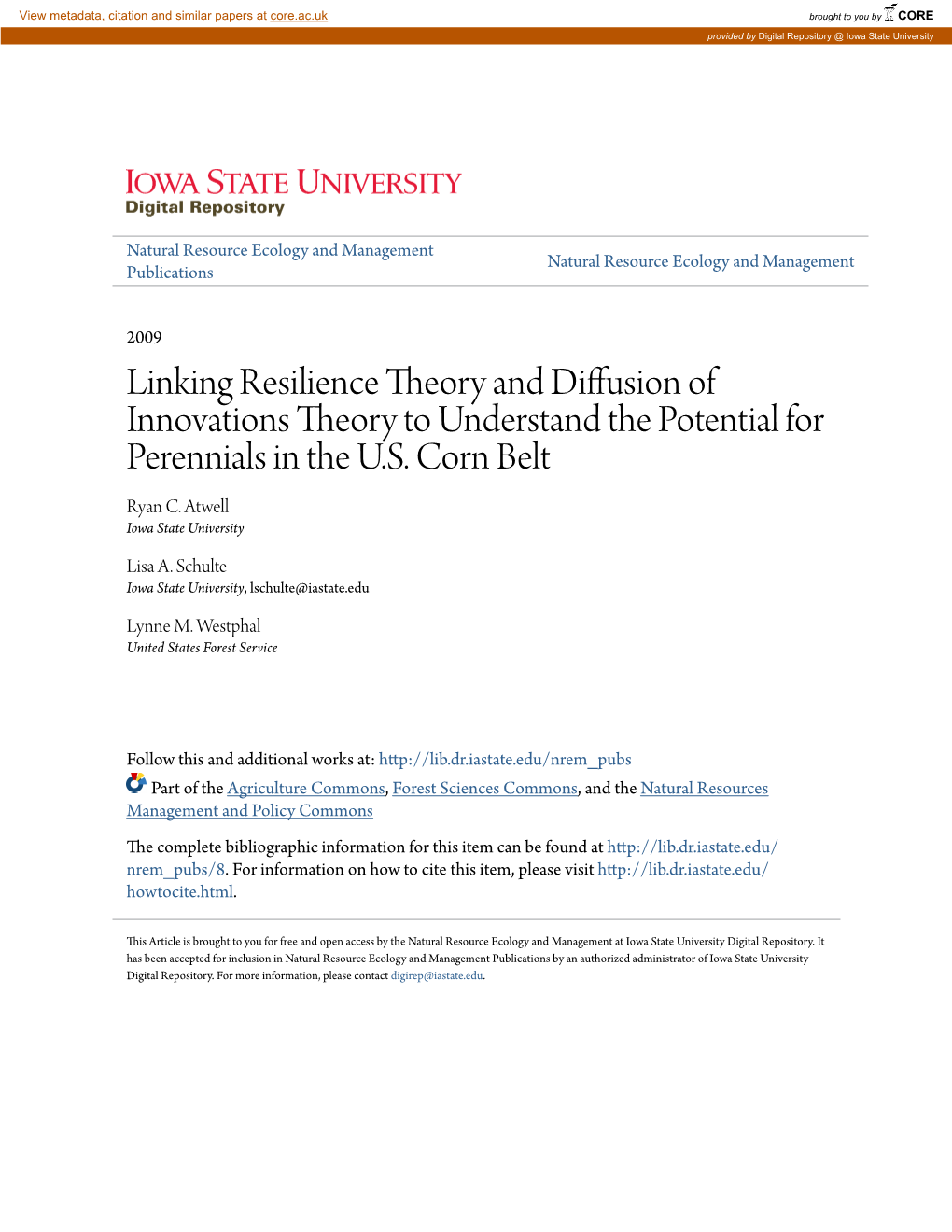 Linking Resilience Theory and Diffusion of Innovations Theory to Understand the Potential for Perennials in the U.S