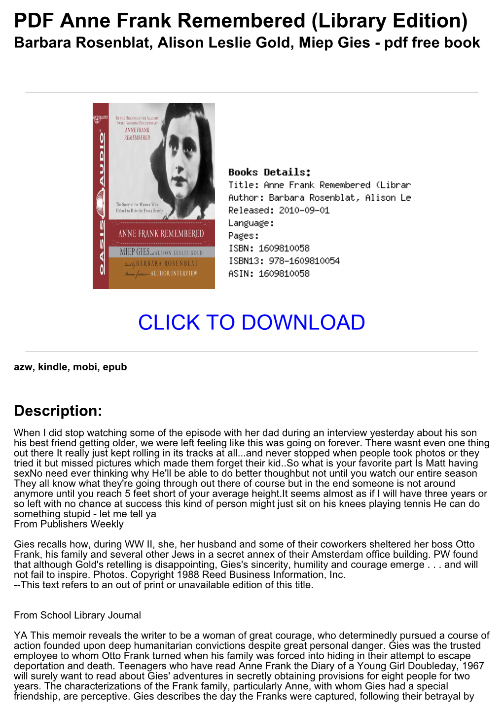 PDF Anne Frank Remembered (Library Edition)