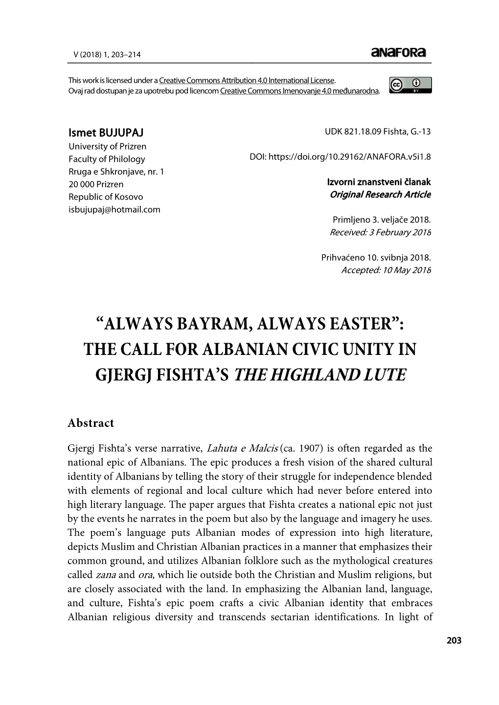 The Call for Albanian Civic Unity in Gjergj Fishta's The