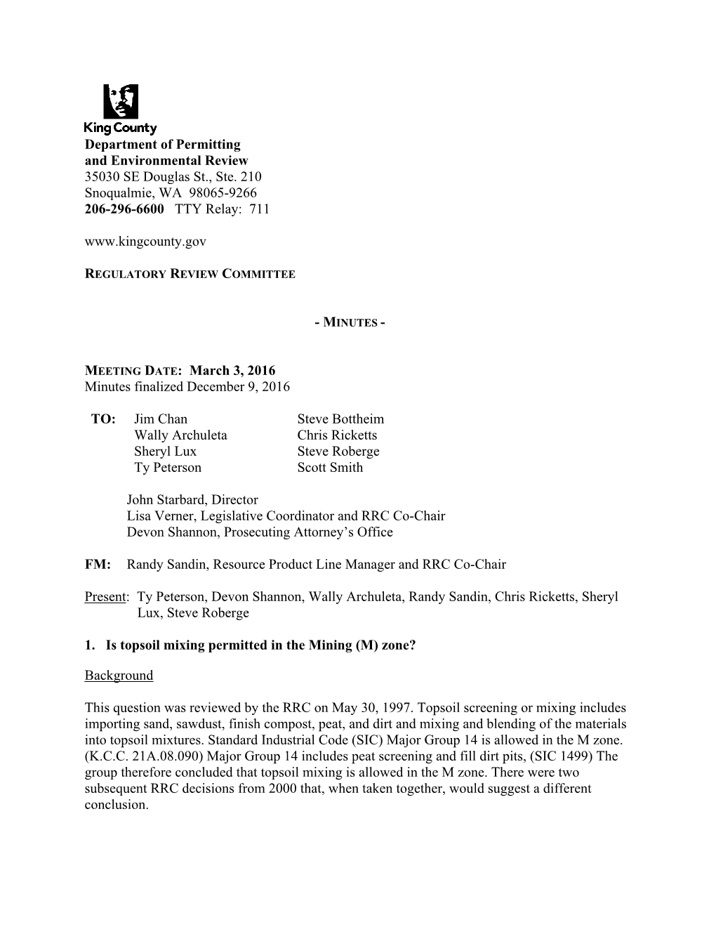 Regulatory Review Committee Meeting Minutes, 2016 03 03