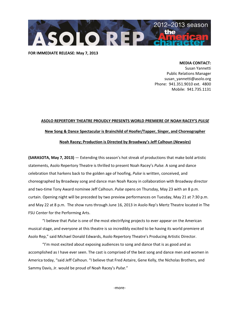 FOR IMMEDIATE RELEASE: May 7, 2013