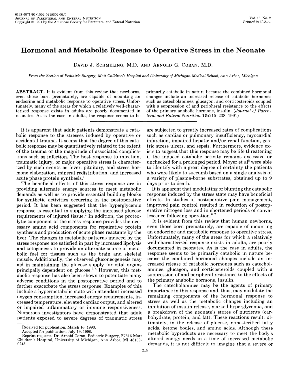 Hormonal and Metabolic Response to Operative Stress in the Neonate