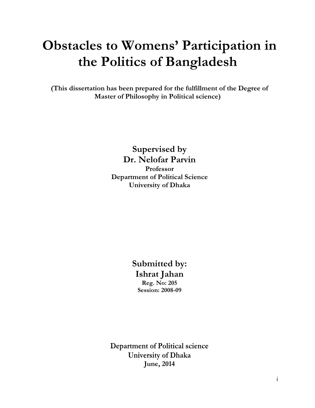 Obstacles to Womens' Participation in the Politics of Bangladesh