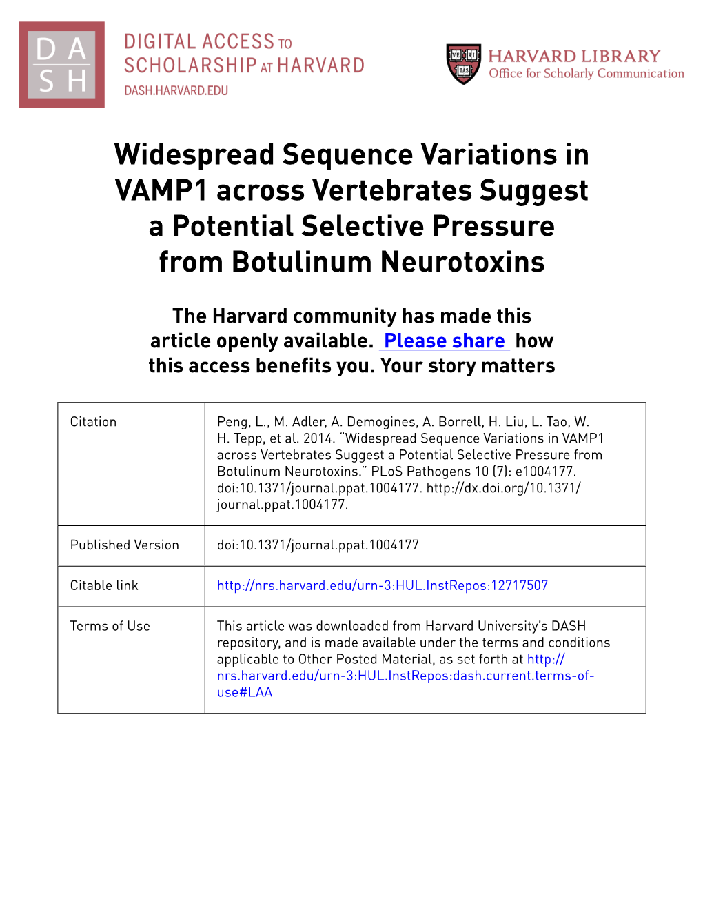 Widespread Sequence Variations in VAMP1 Across Vertebrates Suggest a Potential Selective Pressure from Botulinum Neurotoxins