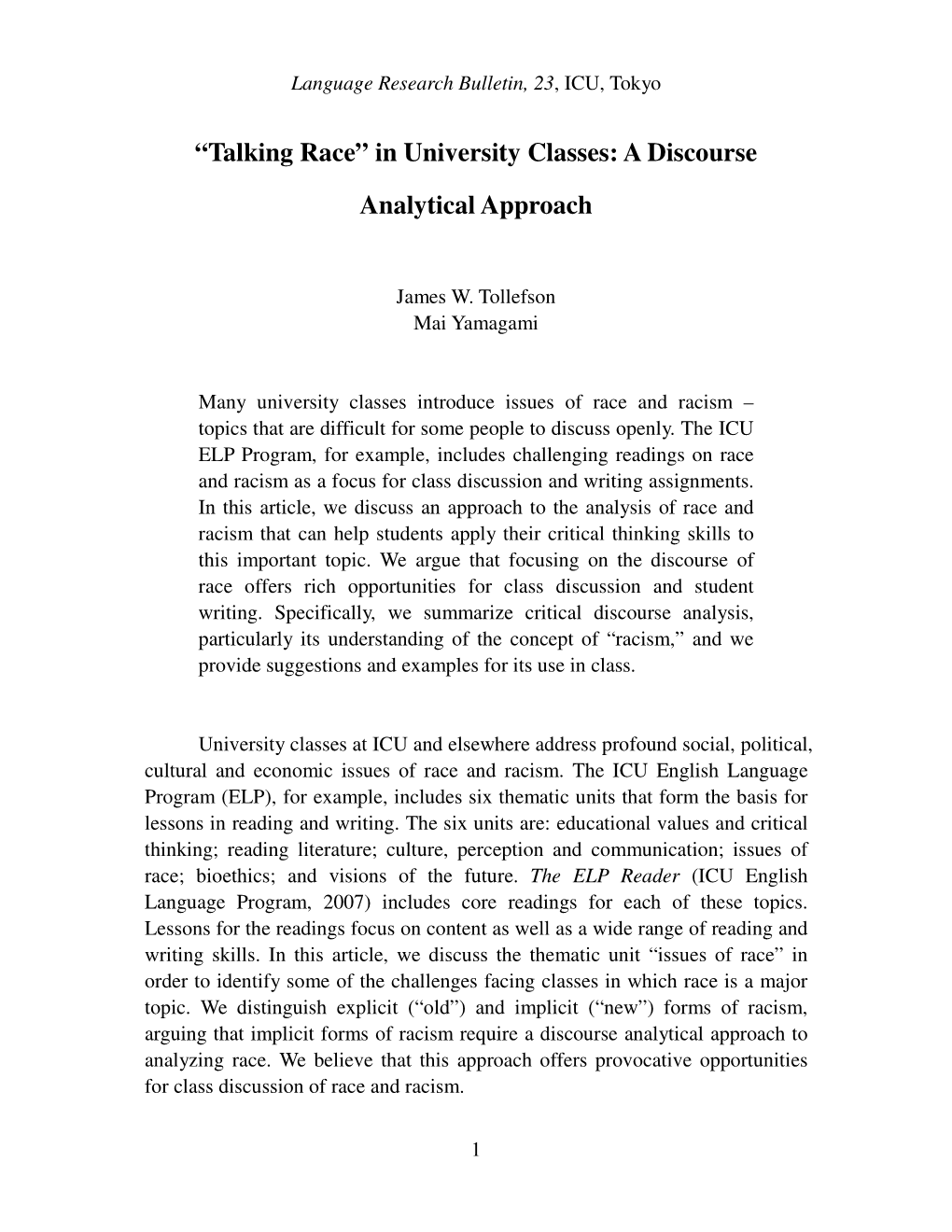 Talking Race” in University Classes: a Discourse Analytical Approach