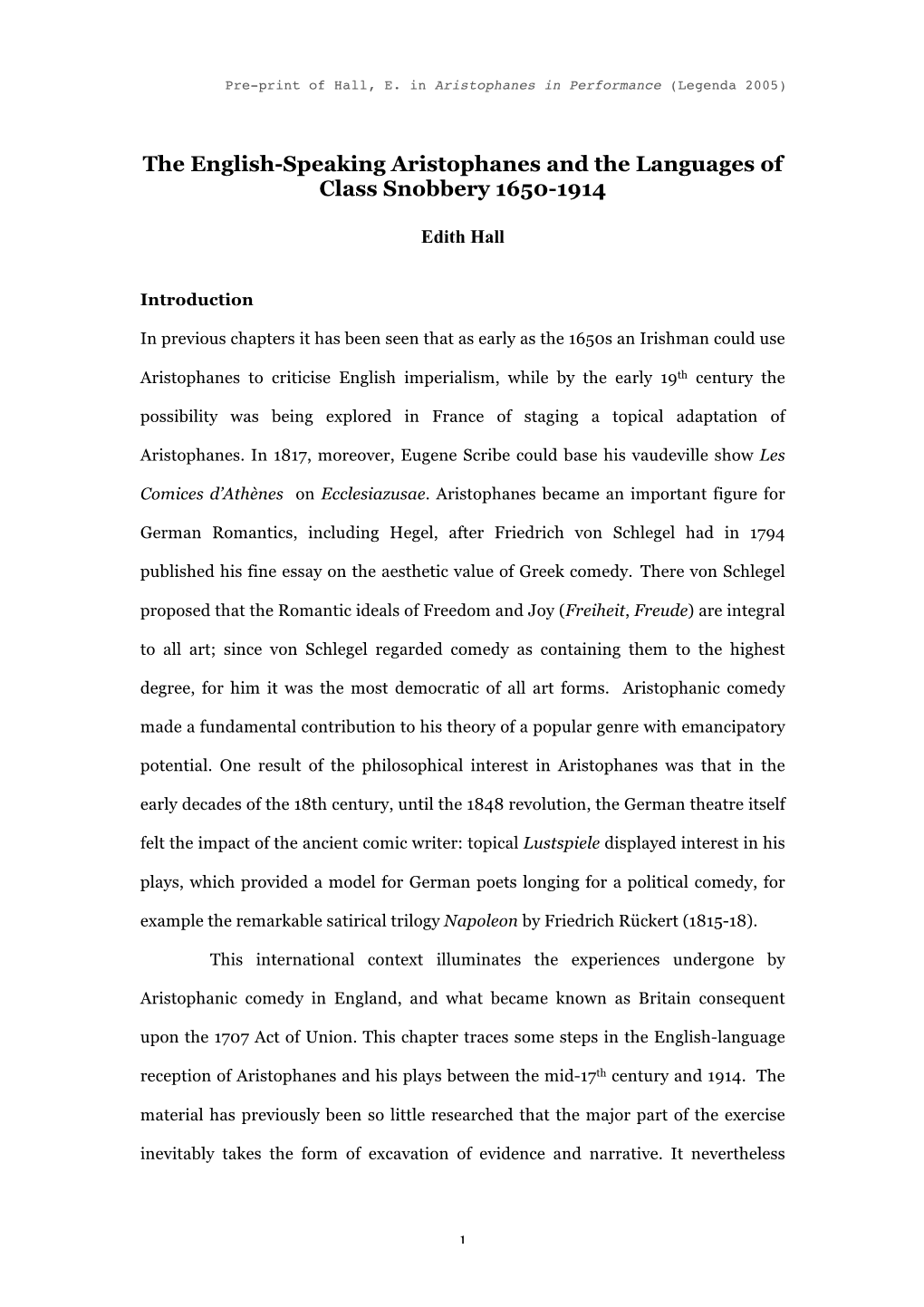 The English-Speaking Aristophanes and the Languages of Class Snobbery 1650-1914