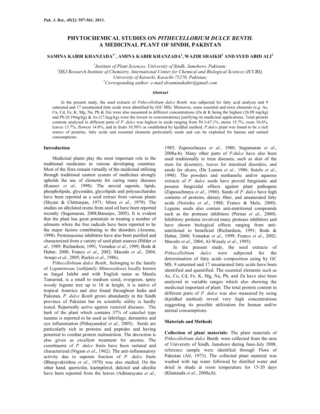 Phytochemical Studies on Pithecellobium Dulce Benth. a Medicinal Plant of Sindh, Pakistan