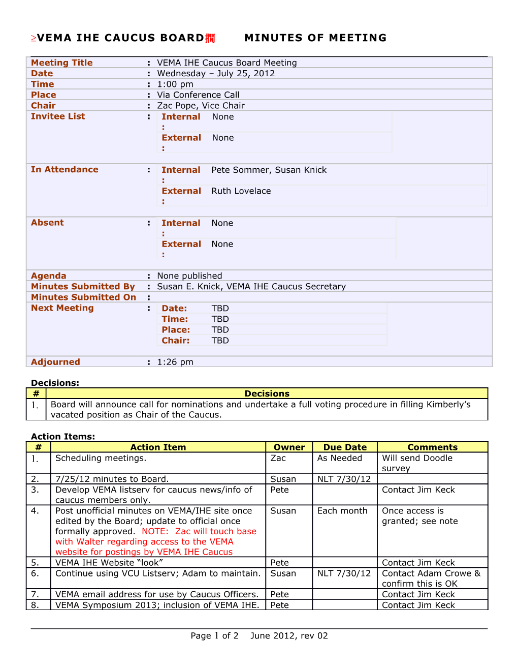 Completed Action Items - Updated on 7/25/12