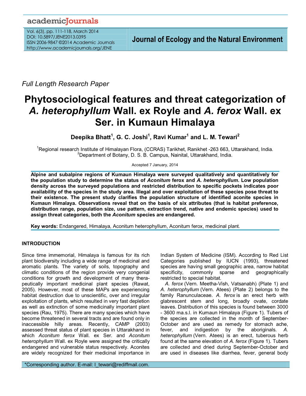 Phytosociological Features and Threat Categorization of A. Heterophyllum Wall