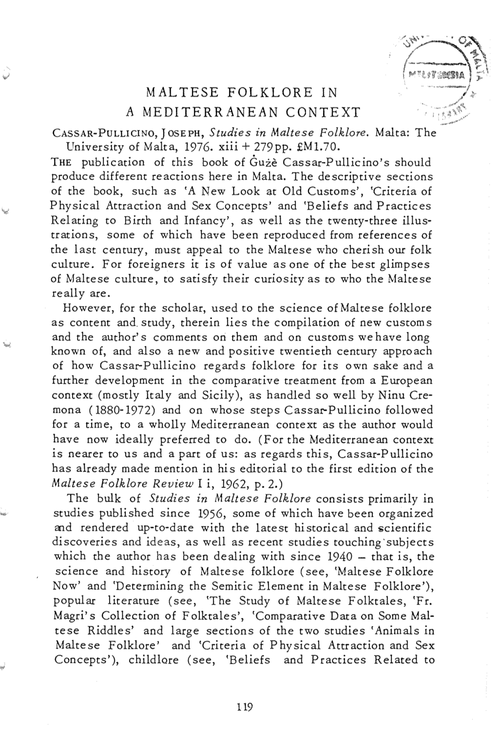 MALTESE FOLKLORE in a MEDITERRANEAN CONTEXT CASSAR-PULLICINO, JOSEPH, Studies in Maltese Folklore