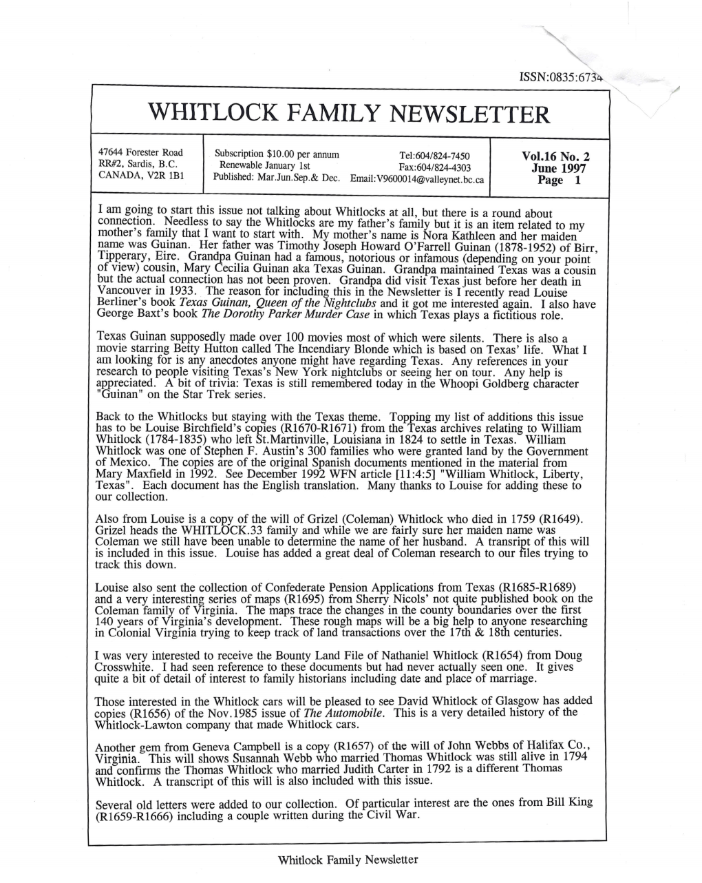 Whitlock Family Newsletter