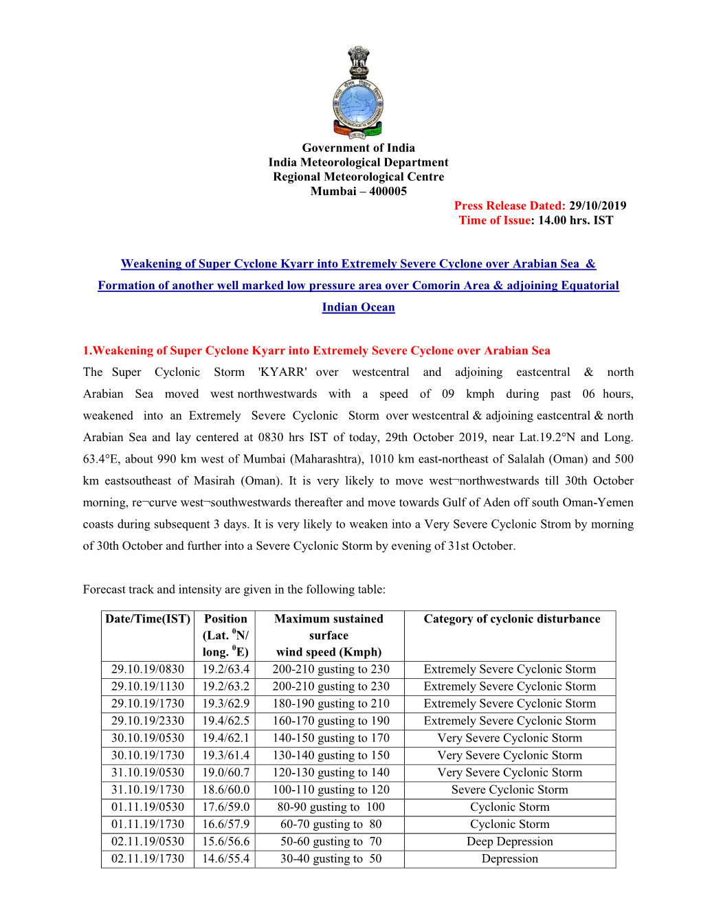 Government of India India Meteorological Department Regional Meteorological Centre Mumbai – 400005 Press Release Dated: 29/10/2019 Time of Issue: 14.00 Hrs