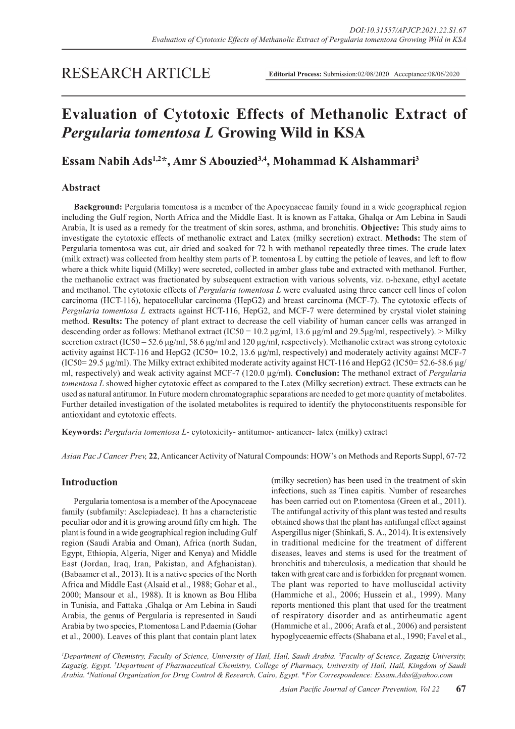 RESEARCH ARTICLE Evaluation of Cytotoxic Effects of Methanolic