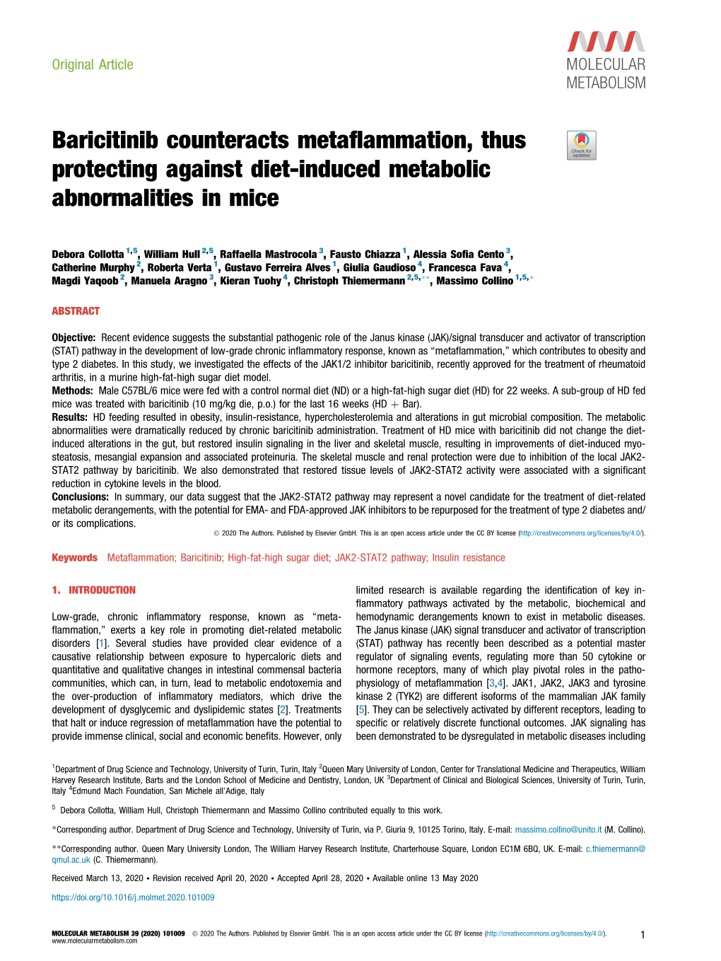 Baricitinib Counteracts Metaflammation, Thus Protecting Against Diet-Induced Metabolic Abnormalities in Mice