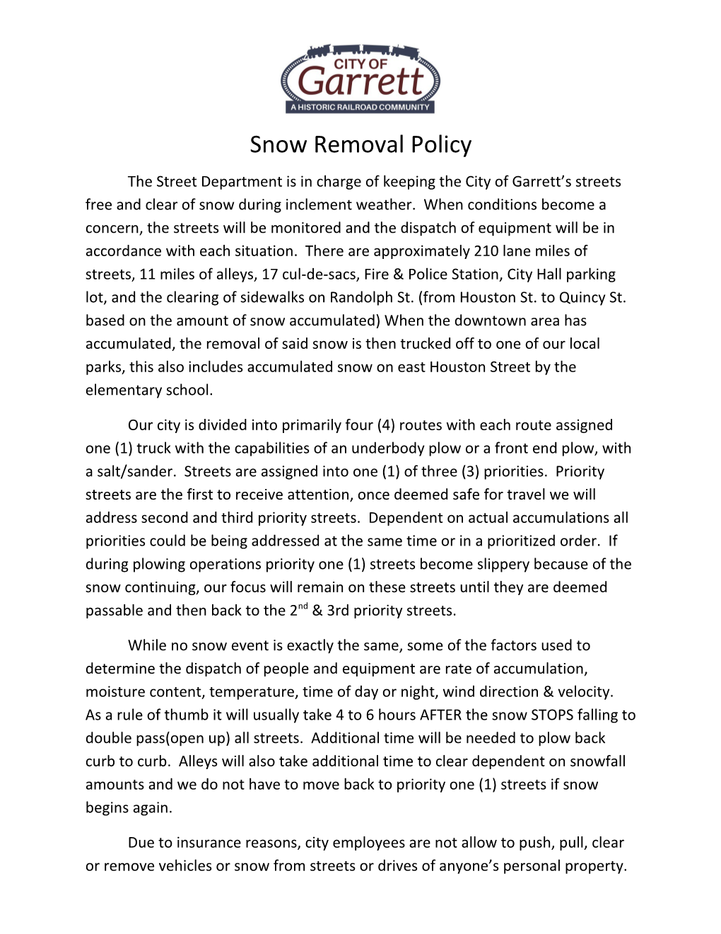 Snow Removal Policy