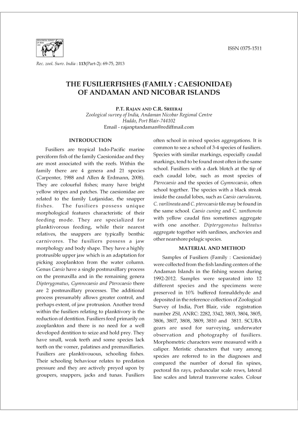 (Family: Caesionidae) of Andaman and Nicobar Islands