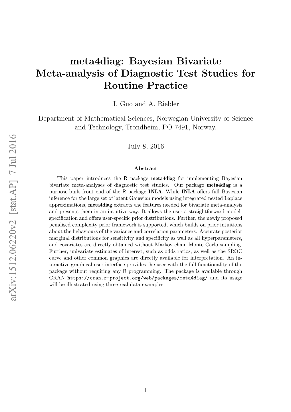 Meta4diag: Bayesian Bivariate Meta-Analysis of Diagnostic Test Studies for Routine Practice