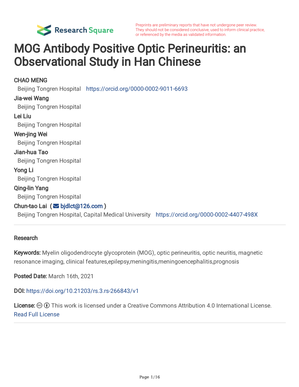 MOG Antibody Positive Optic Perineuritis: an Observational Study in Han Chinese