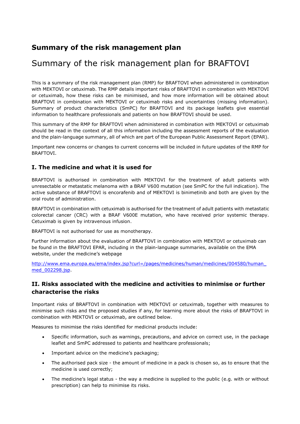 Summary Risk Management Plan for Braftovi