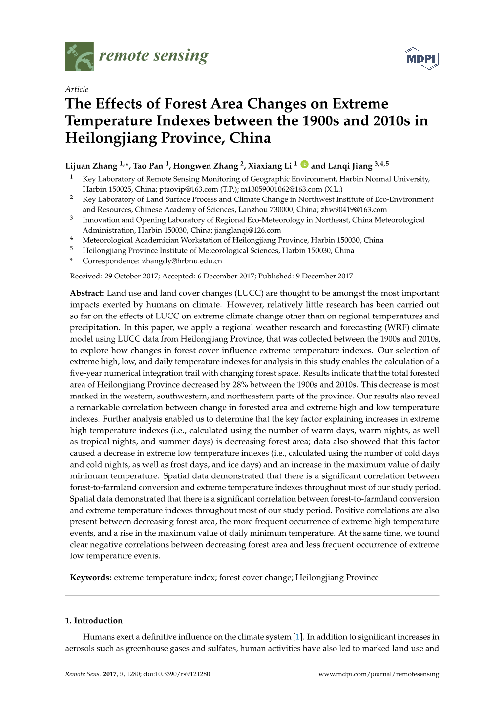 The Effects of Forest Area Changes on Extreme Temperature Indexes Between the 1900S and 2010S in Heilongjiang Province, China