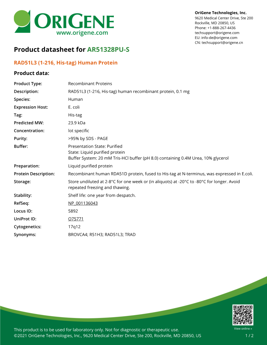 RAD51L3 (1-216, His-Tag) Human Protein – AR51328PU-S | Origene
