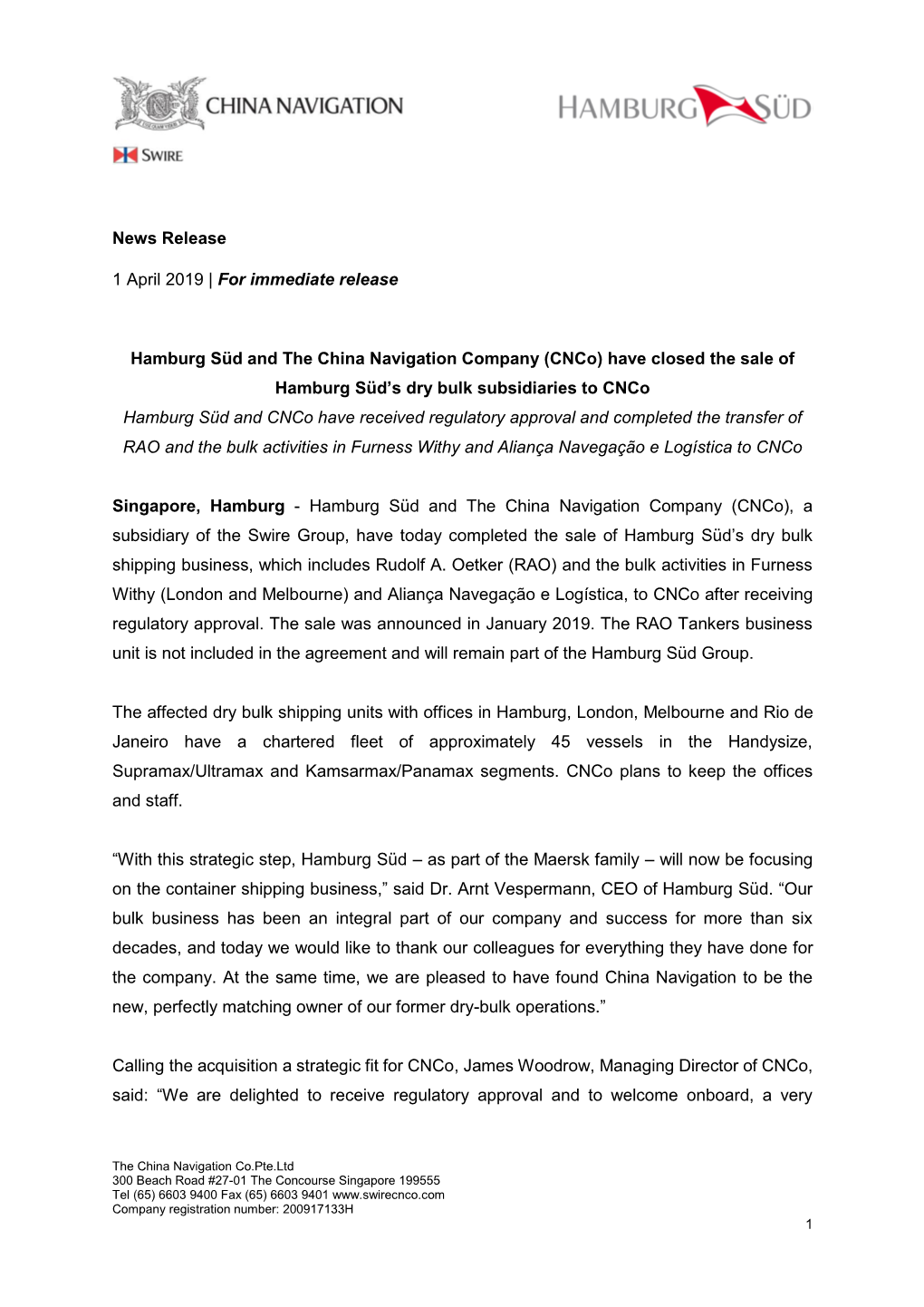 For Immediate Release Hamburg Süd and the China Navigation Company