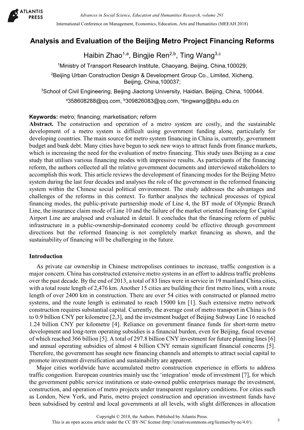 Analysis and Evaluation of the Beijing Metro Project Financing Reforms