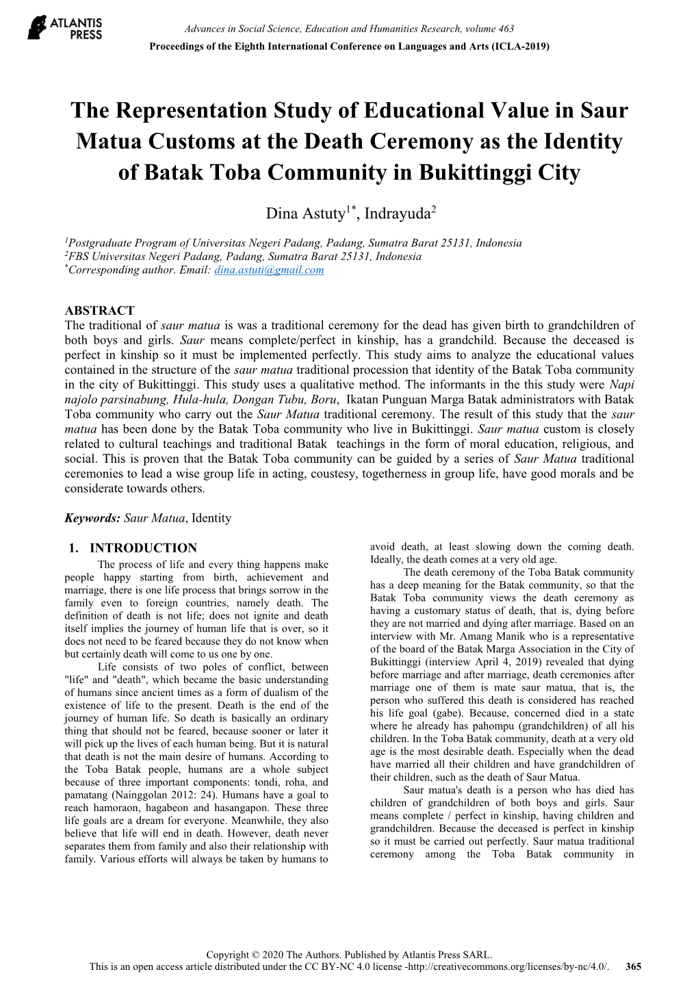 The Representation Study of Educational Value in Saur Matua Customs at the Death Ceremony As the Identity of Batak Toba Community in Bukittinggi City