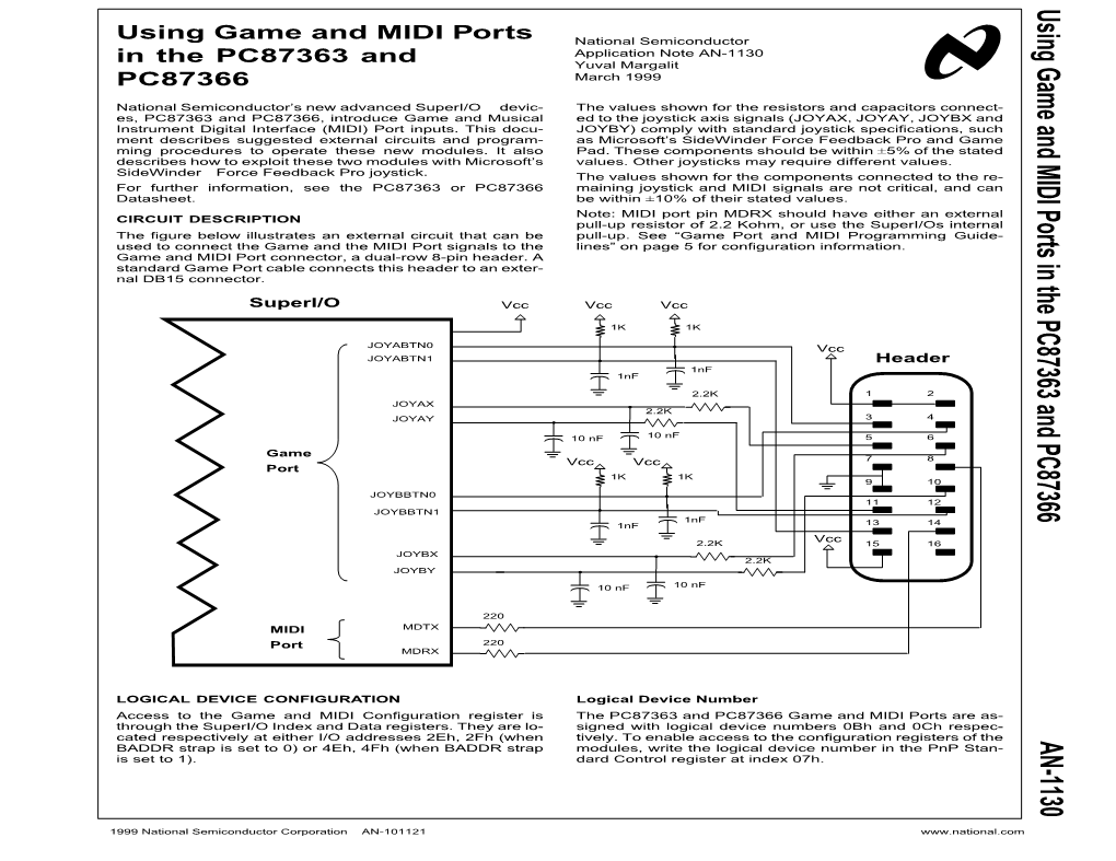 AN-1130 Using Game and MIDI Ports in the PC87363 and PC87366 National NATIONAL’S LIFE DEVICES SEMICONDUCTOR 1