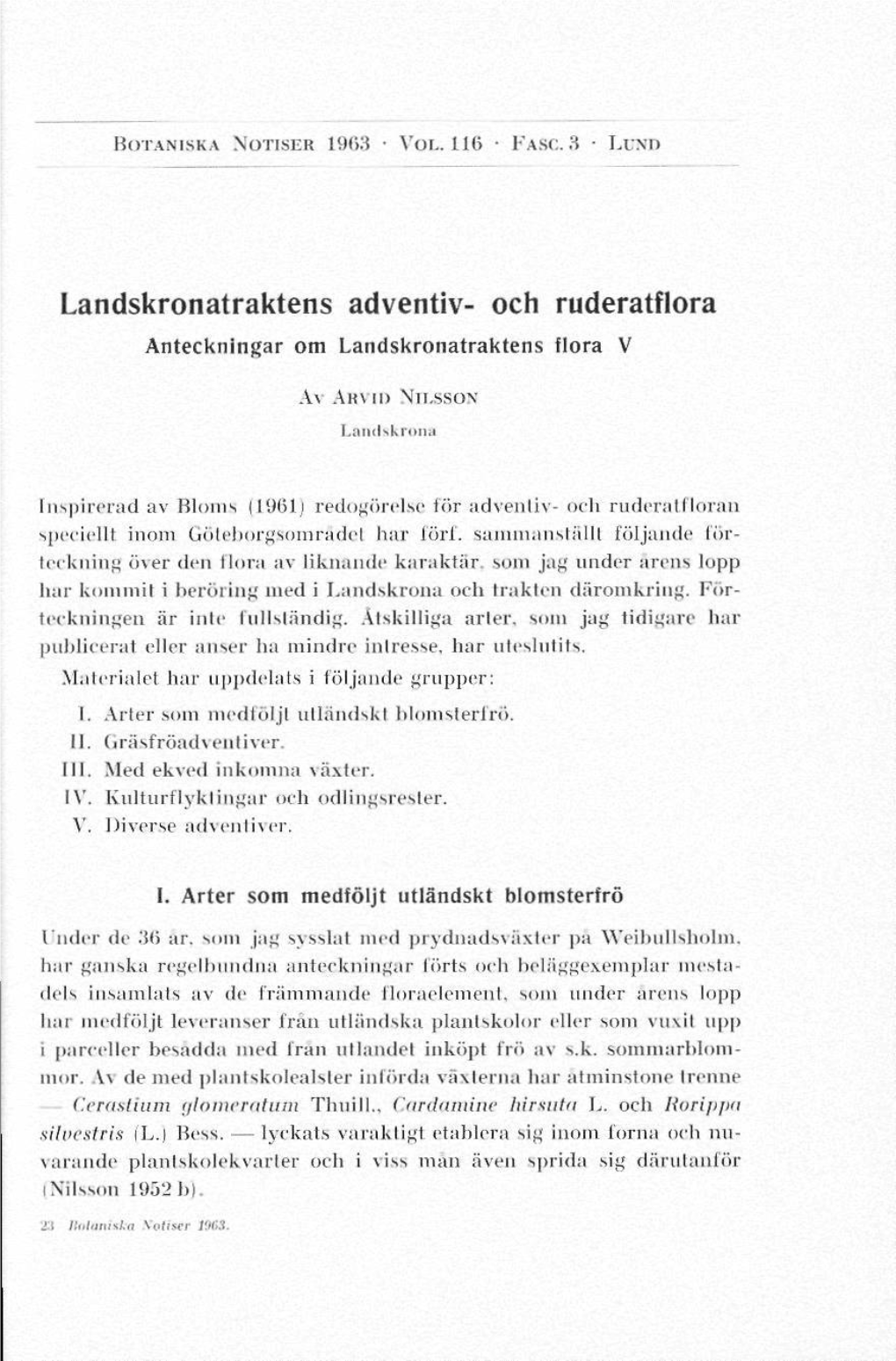 Landskronatraktens Adventiv- Och Ruderatflora Anteckningar Om Landskronatraktens Flora V