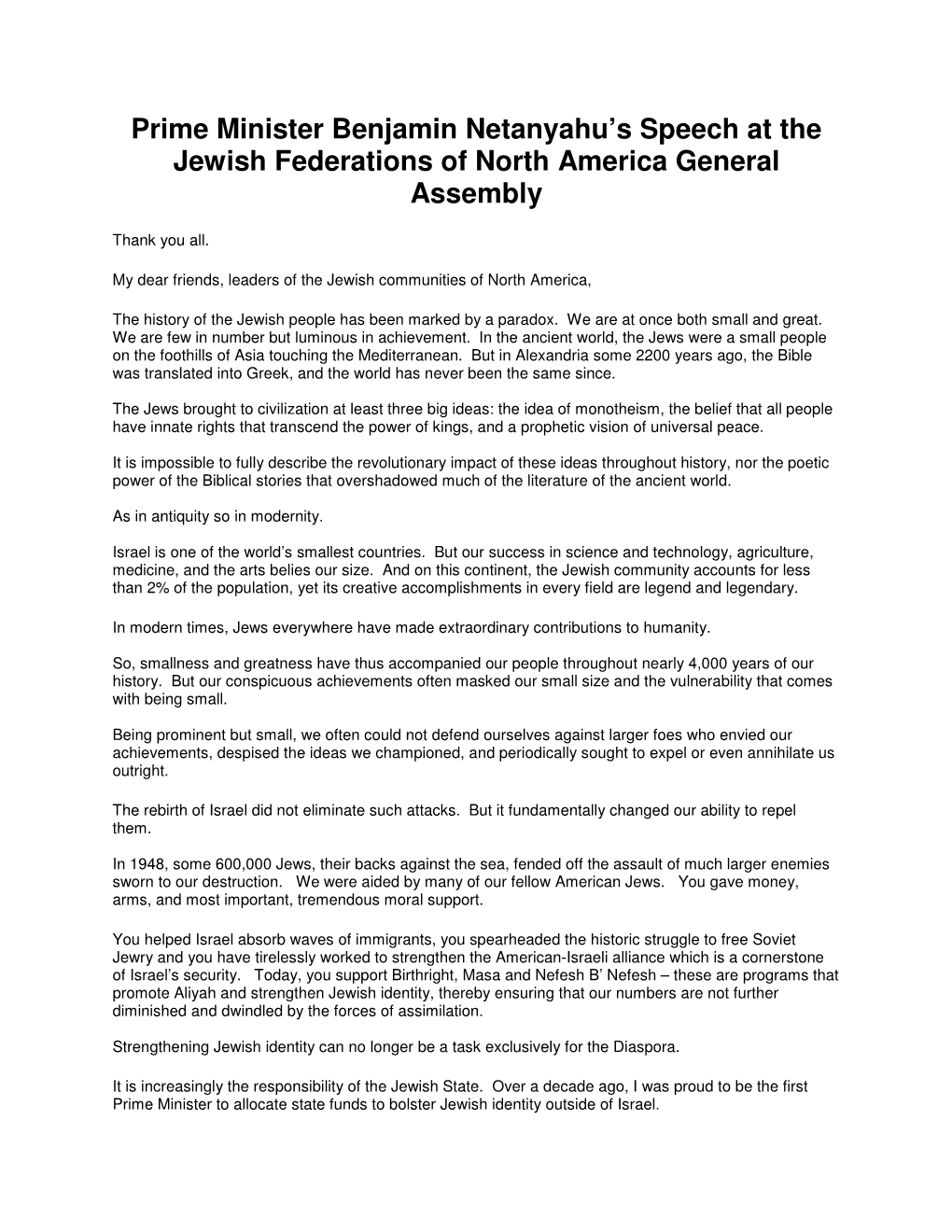 Prime Minister Benjamin Netanyahu's Speech at the Jewish Federations