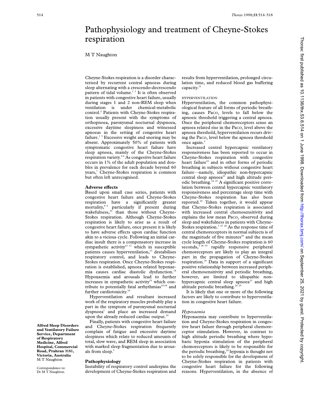 Pathophysiology and Treatment of Cheyne-Stokes Respiration Thorax: First Published As 10.1136/Thx.53.6.514 on 1 June 1998