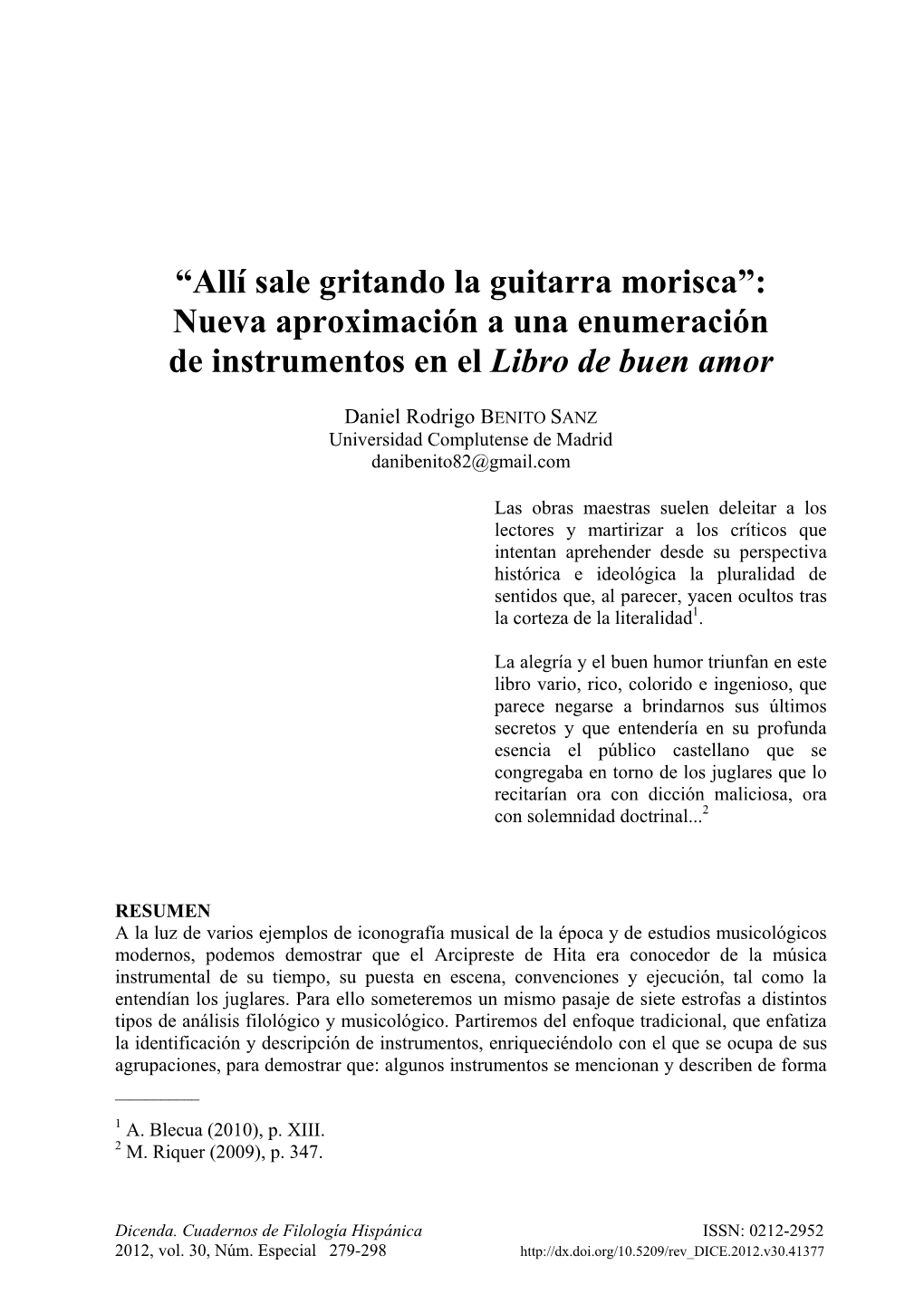 “Allí Sale Gritando La Guitarra Morisca”: Nueva Aproximación a Una Enumeración De Instrumentos En El Libro De Buen Amor