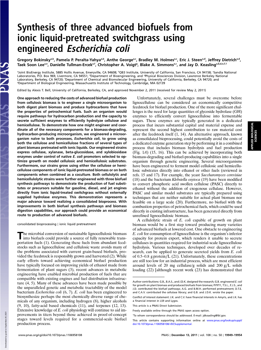 Synthesis of Three Advanced Biofuels from Ionic Liquid-Pretreated Switchgrass Using Engineered Escherichia Coli