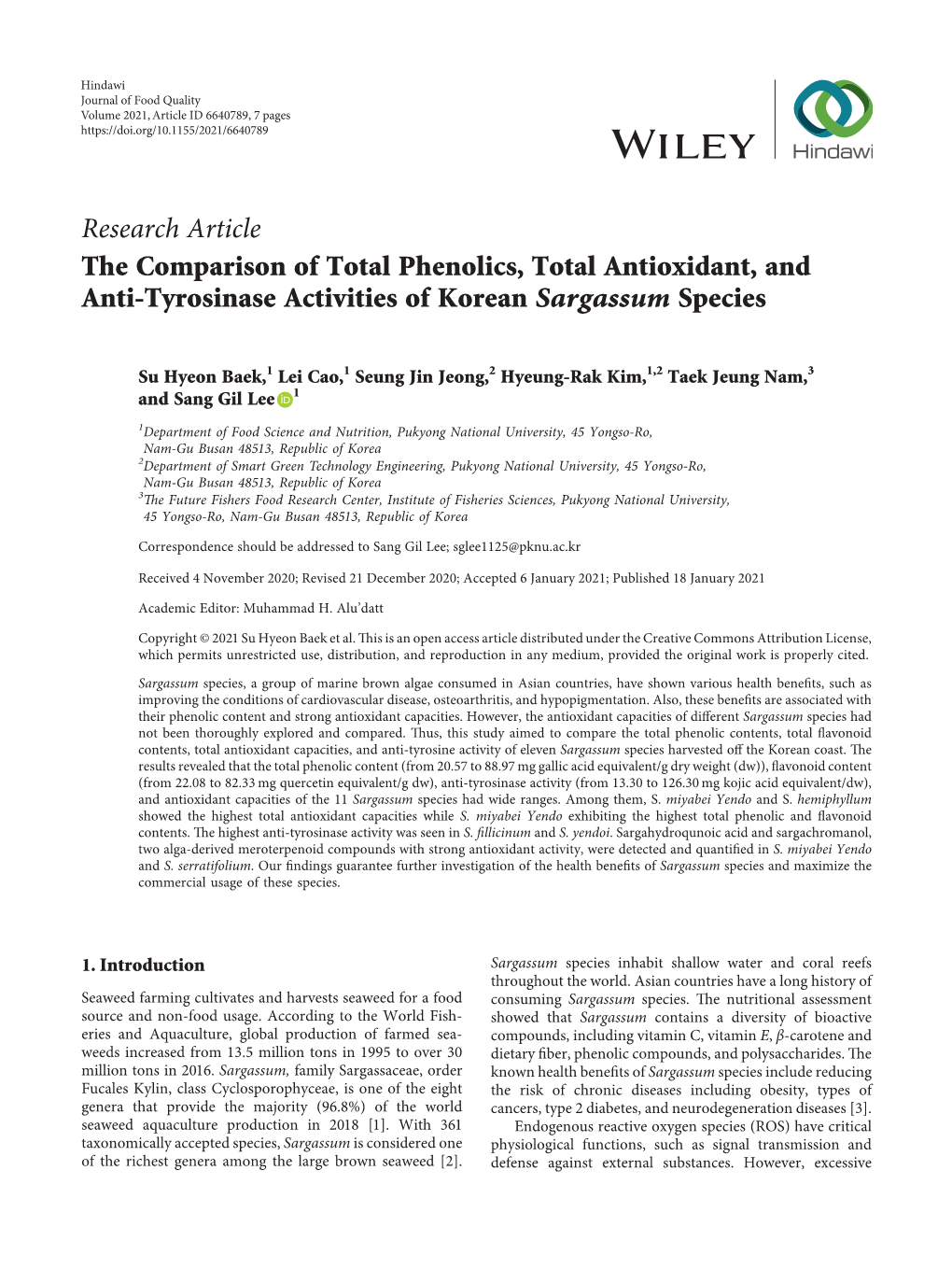 The Comparison of Total Phenolics, Total Antioxidant, and Anti-Tyrosinase Activities of Korean Sargassum Species