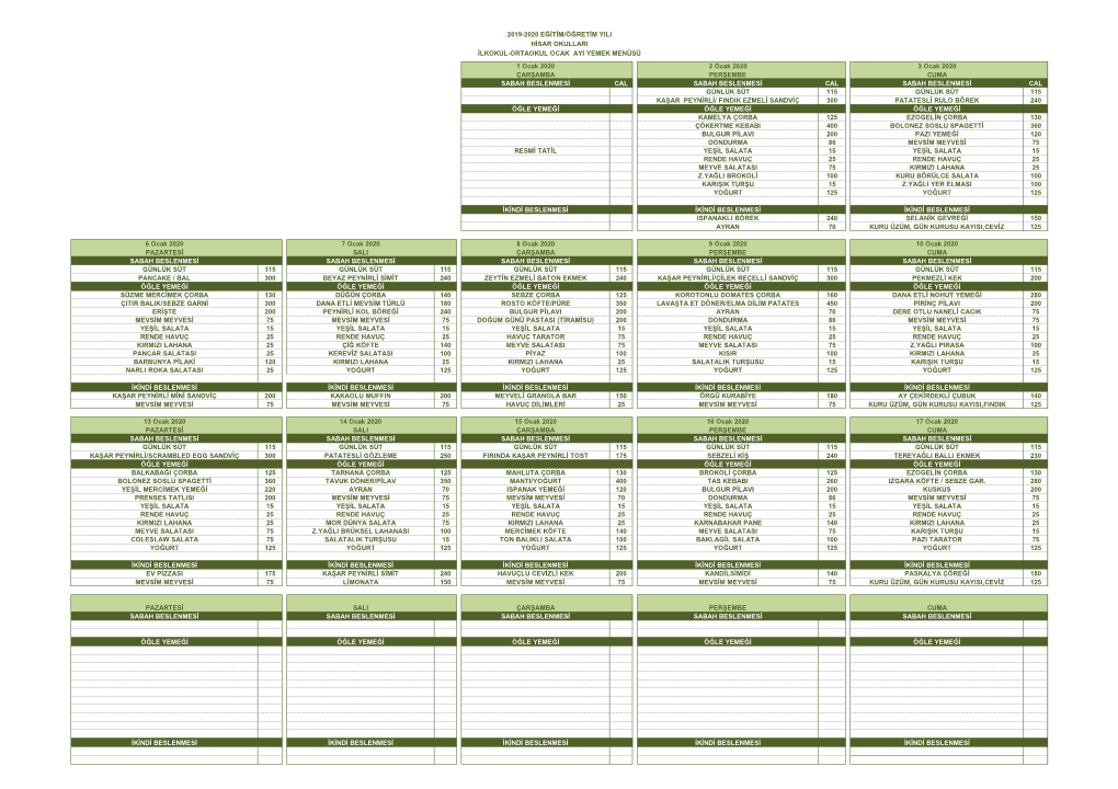 İlkokul-Ortaokul Ocak 2020 Menü