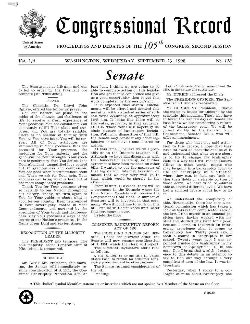 Congressional Record United States Th of America PROCEEDINGS and DEBATES of the 105 CONGRESS, SECOND SESSION