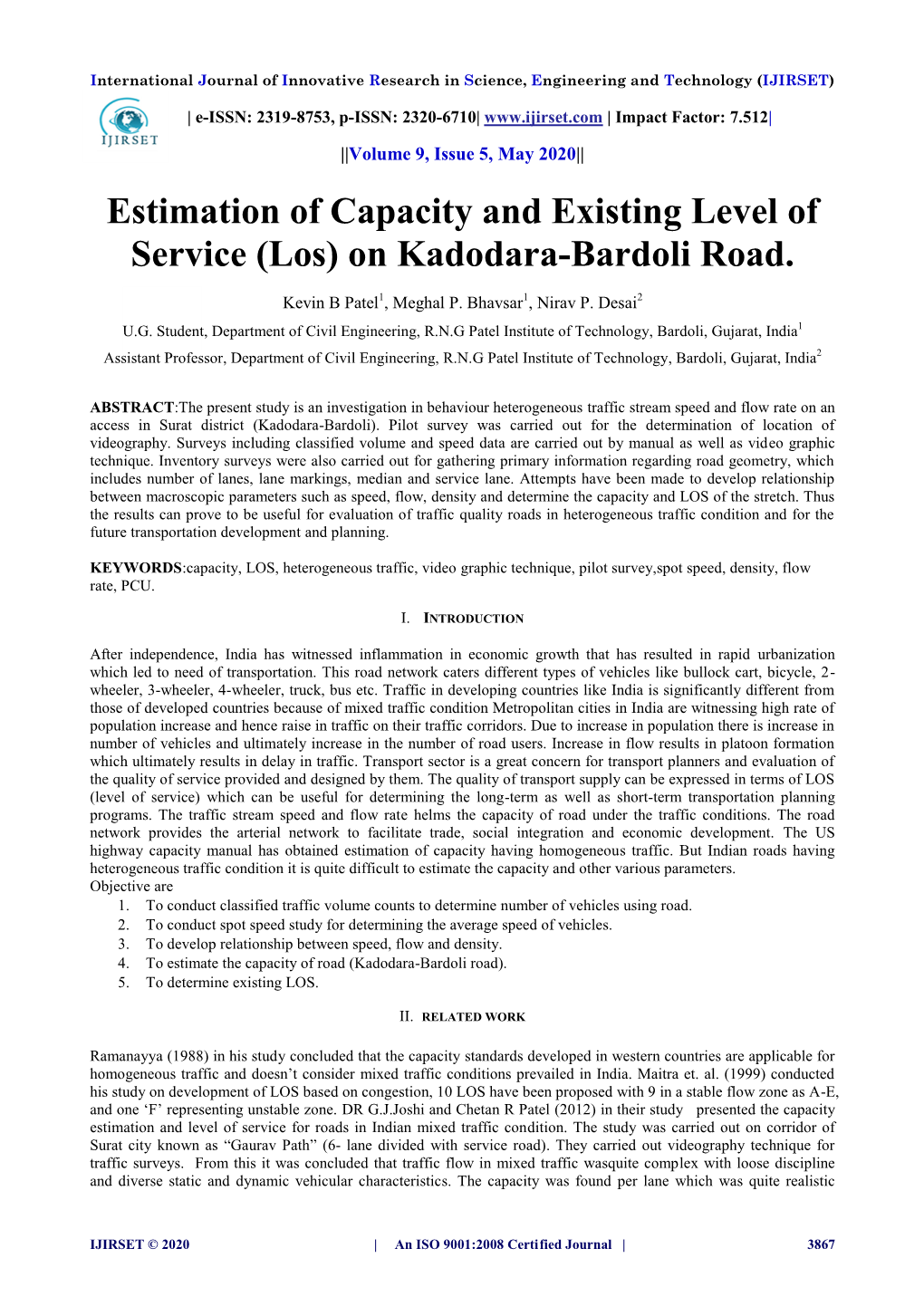 Estimation of Capacity and Existing Level of Service (Los) on Kadodara-Bardoli Road