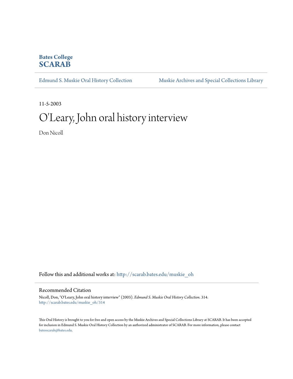 O'leary, John Oral History Interview Don Nicoll