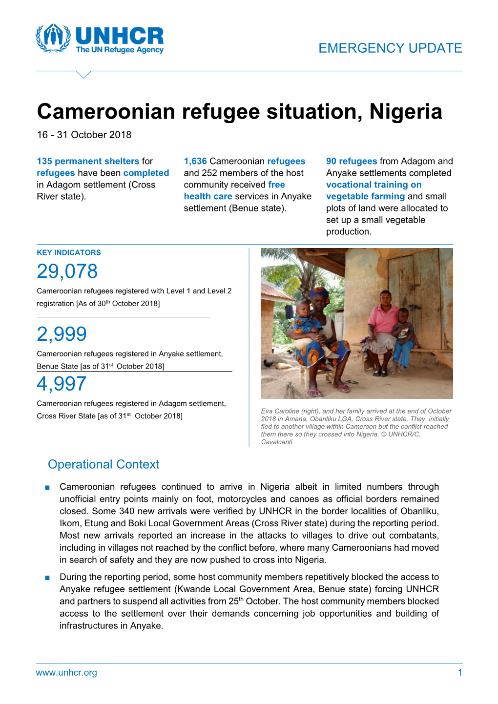 Cameroonian Refugee Situation, Nigeria 1 6 - 31 October 2018