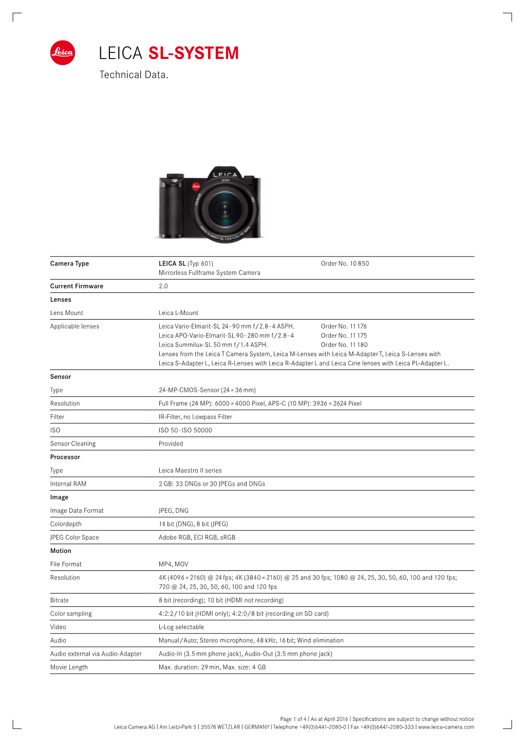 LEICA SL-SYSTEM Technical Data