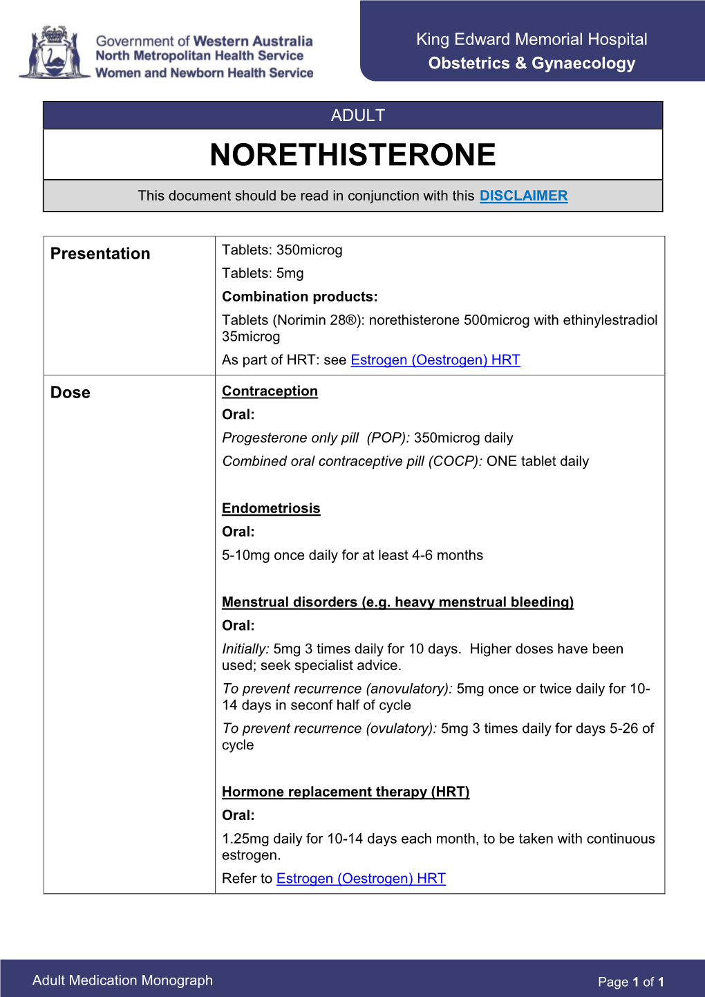 NORETHISTERONE This Document Should Be Read in Conjunction with This DISCLAIMER