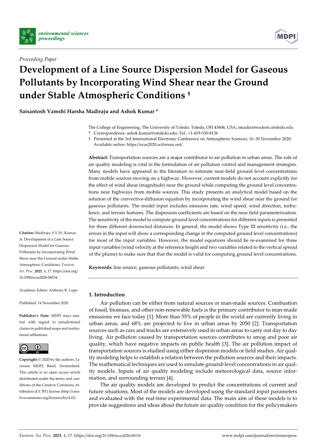 Development of a Line Source Dispersion Model for Gaseous Pollutants by Incorporating Wind Shear Near the Ground Under Stable Atmospheric Conditions †