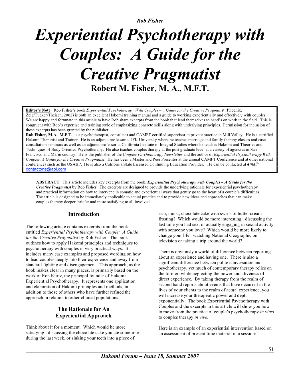 Experiential Psychotherapy with Couples: a Guide for the Creative Pragmatist Robert M