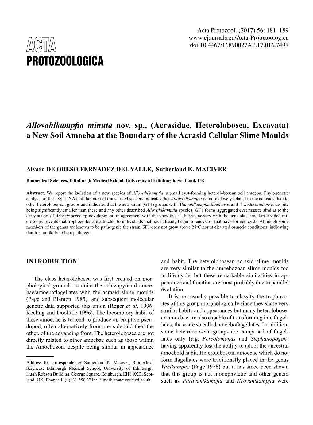 Protozoologica ACTA Doi:10.4467/16890027AP.17.016.7497 PROTOZOOLOGICA