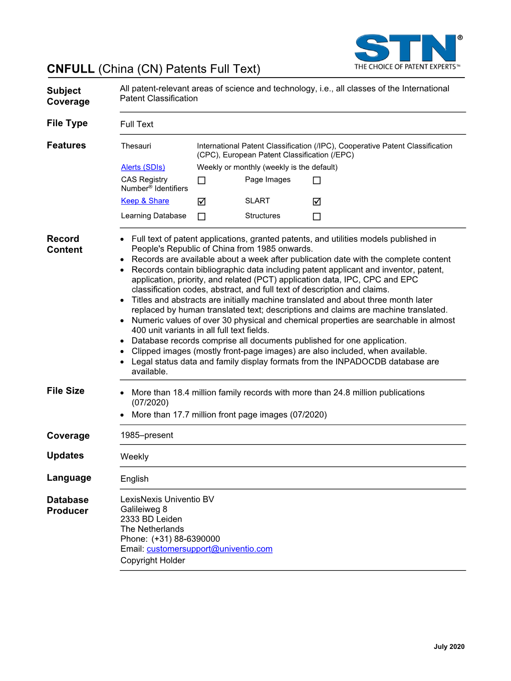 CNFULL Database Summary Sheet (DBSS)