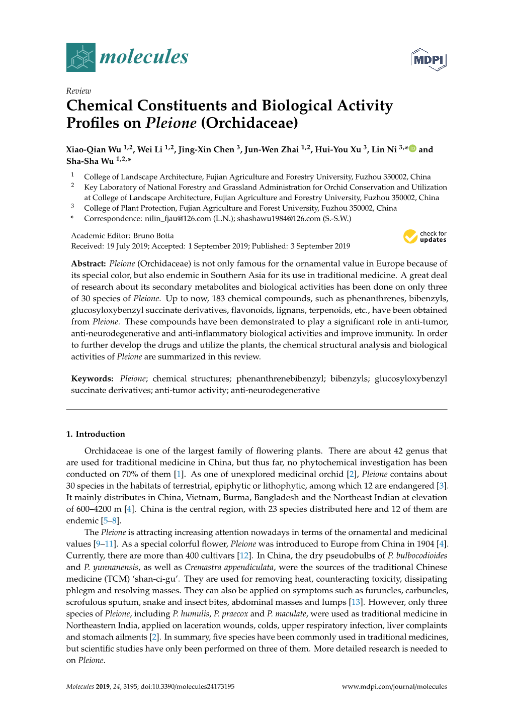 Chemical Constituents and Biological Activity Profiles on Pleione (Orchidaceae)