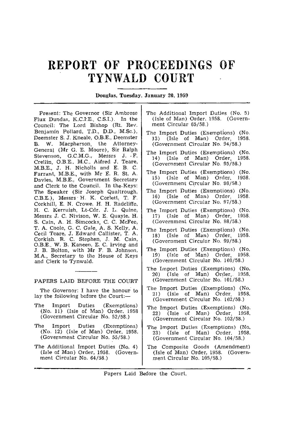 Report of Proceedings of Tynwald Court